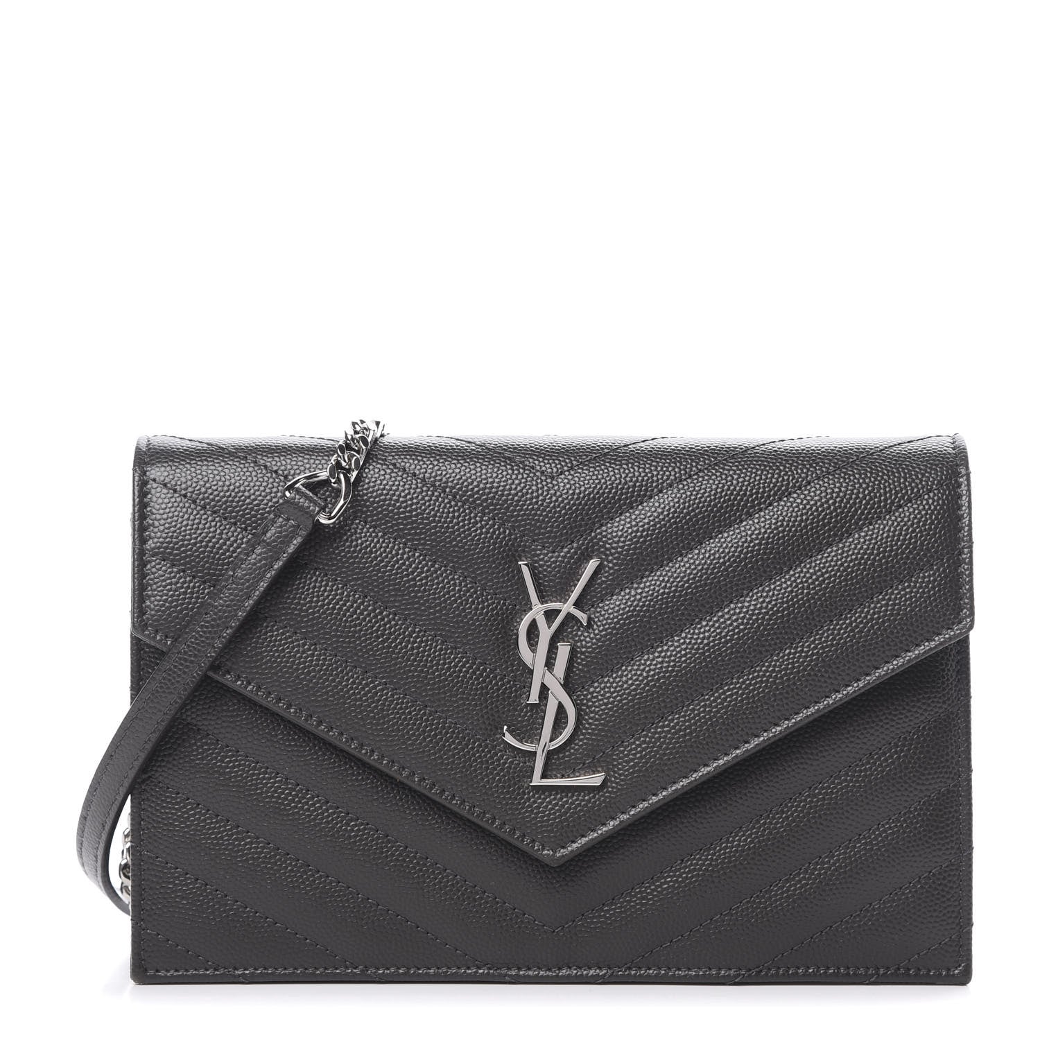 Saint Laurent Grain De Poudre Matelasse Chevron Monogram Envelope Chain Wallet Coal 1 of 11