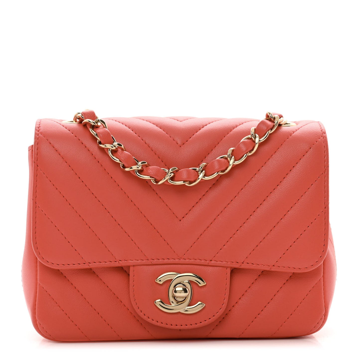Lambskin Chevron Quilted Mini Square Flap Coral