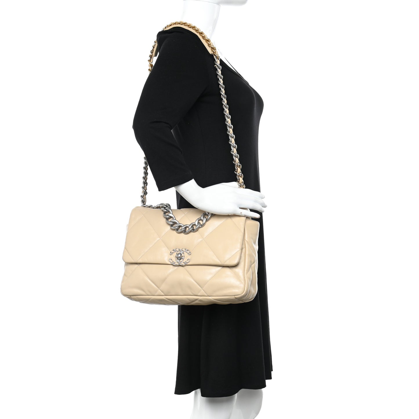 Lambskin Quilted Large Chanel 19 Flap Beige