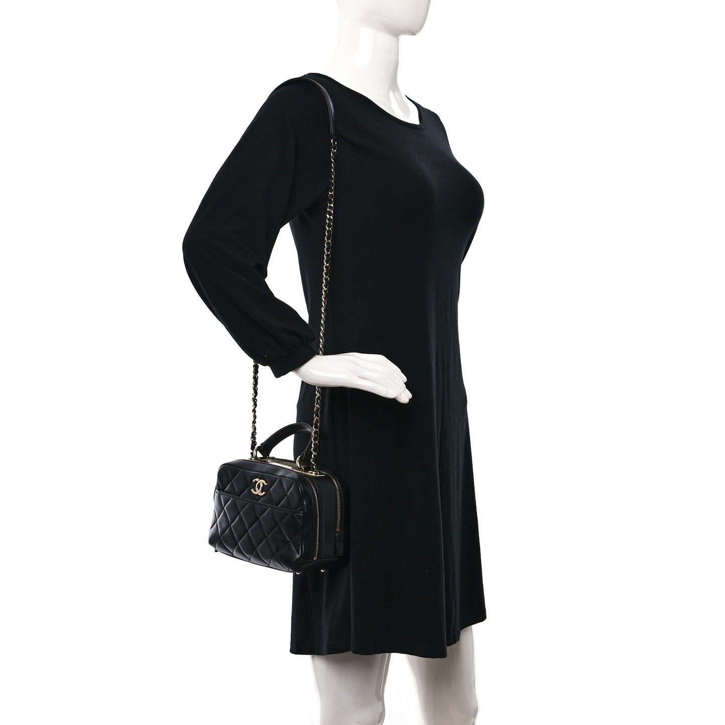 Lambskin Quilted Small Trendy CC Bowling Bag Black