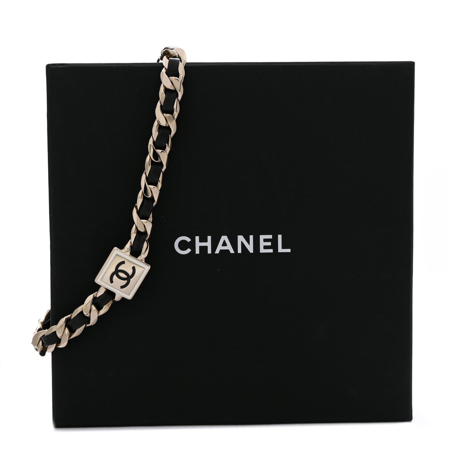Metal Lambskin CC Square Choker Gold Black White