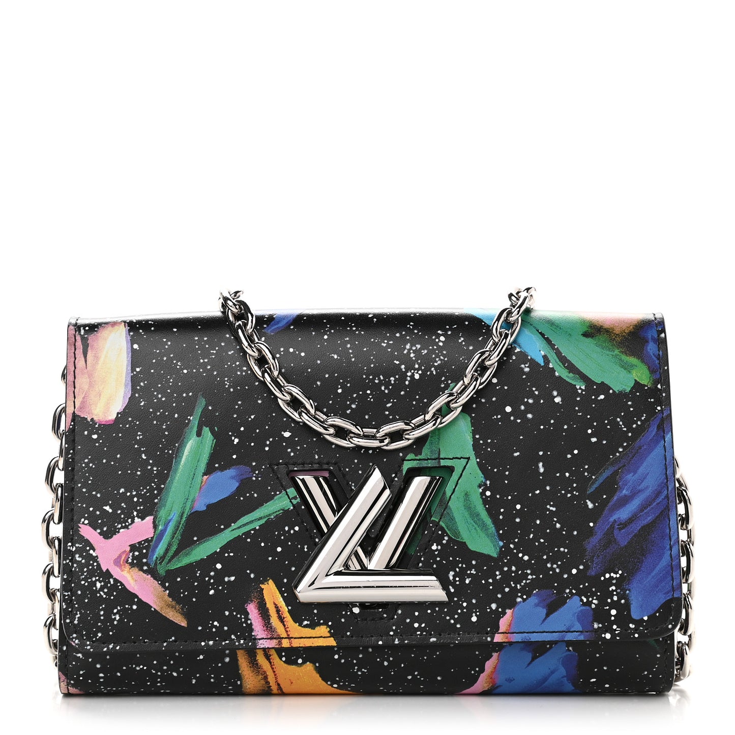 Calfskin Splash Print Twist Chain Wallet Black
