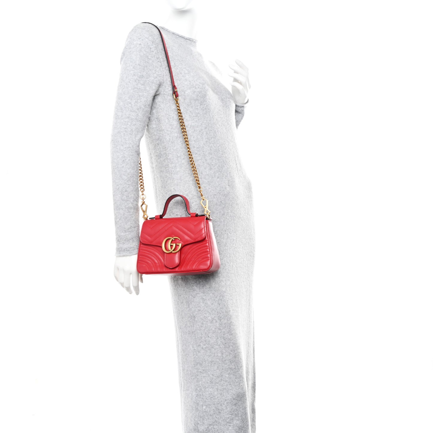 Calfskin Matelasse Mini GG Marmont Top Handle Shoulder Bag Hibiscus Red