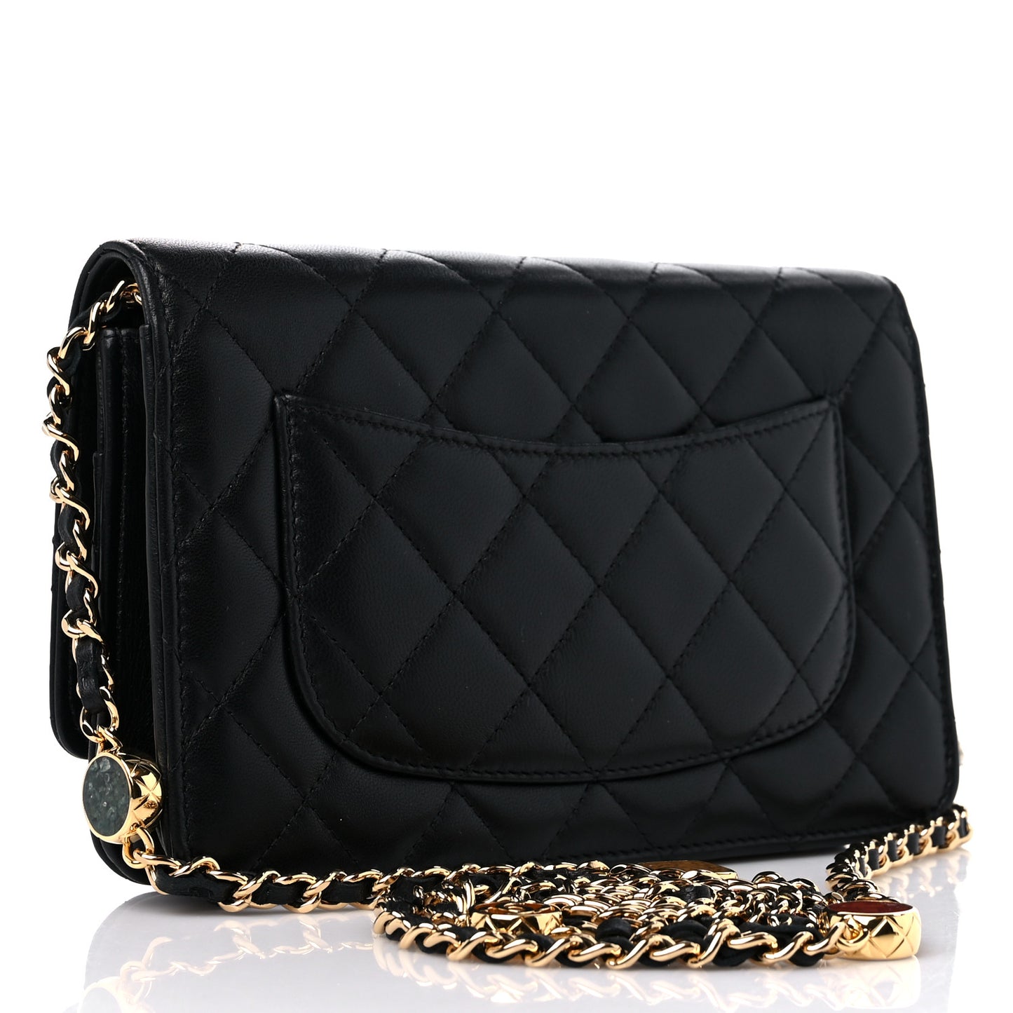 Lambskin Quilted Enamel CC Wallet on Chain WOC Black