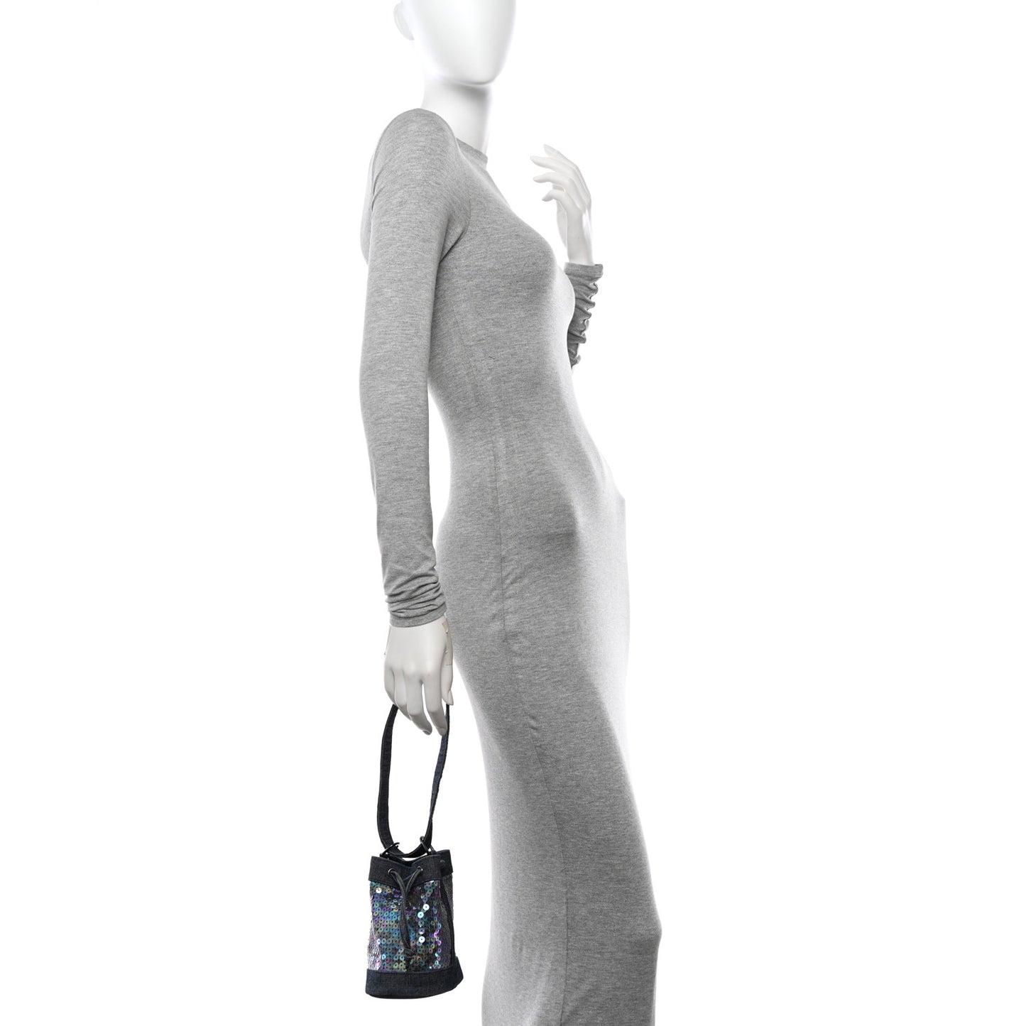 Sequin Denim Small Drawstring Bucket Bag Blue