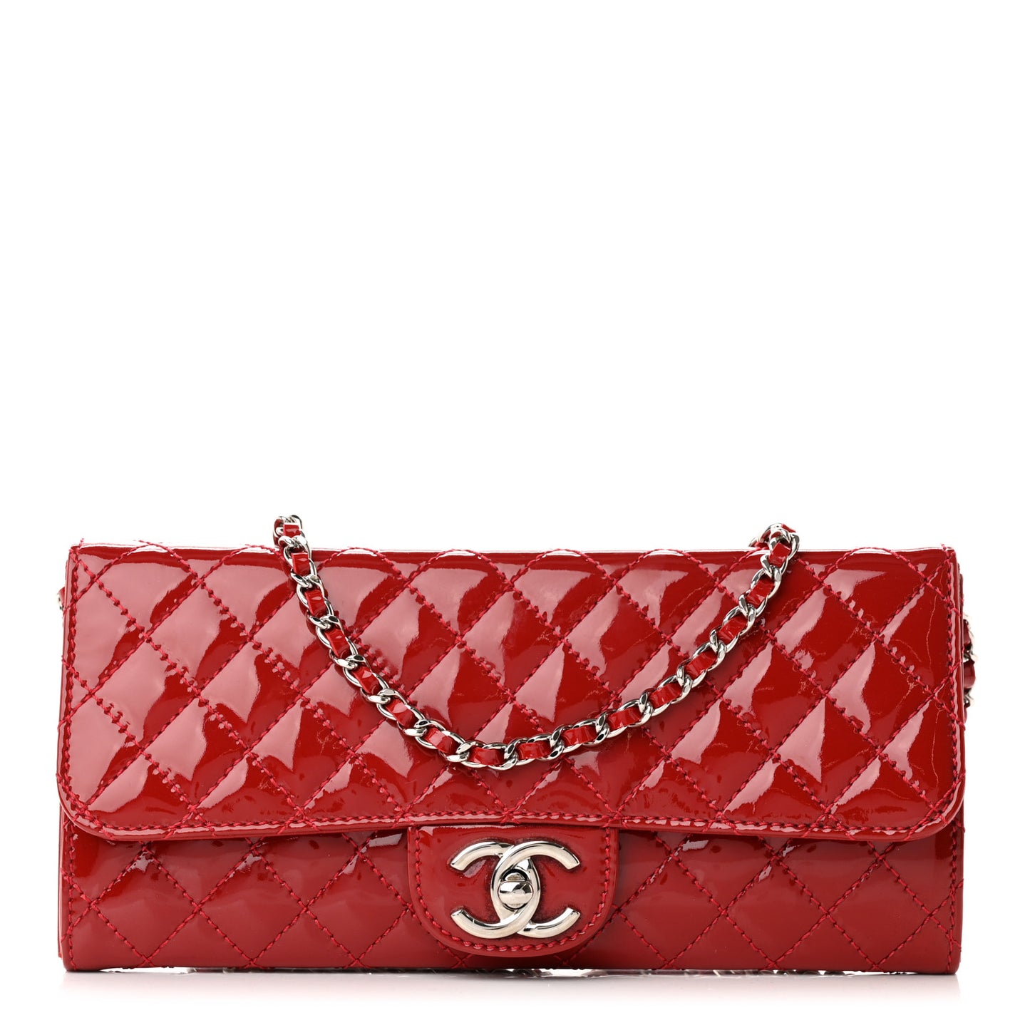Patent Calfskin Quilted Brilliant East West Flap Clutch Red