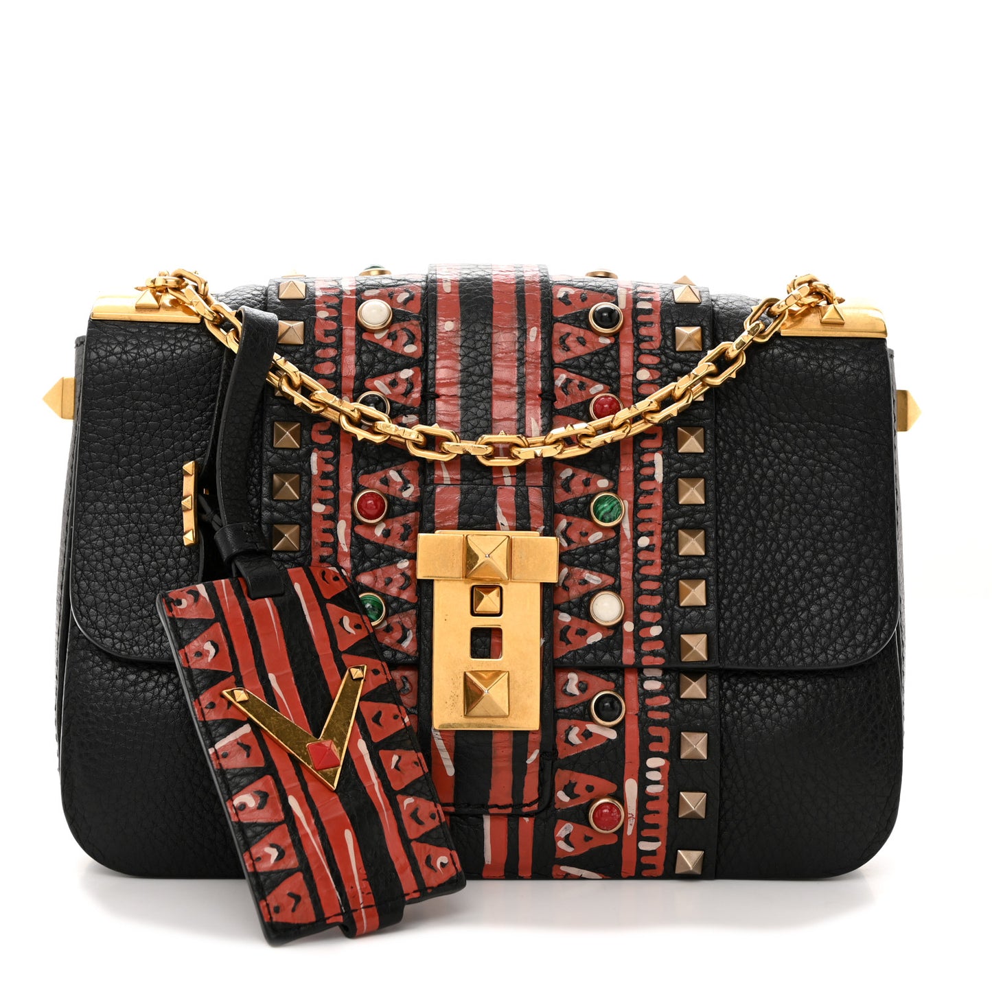 Grained Calfskin Tribal B-Rockstud Rolling Flap Black