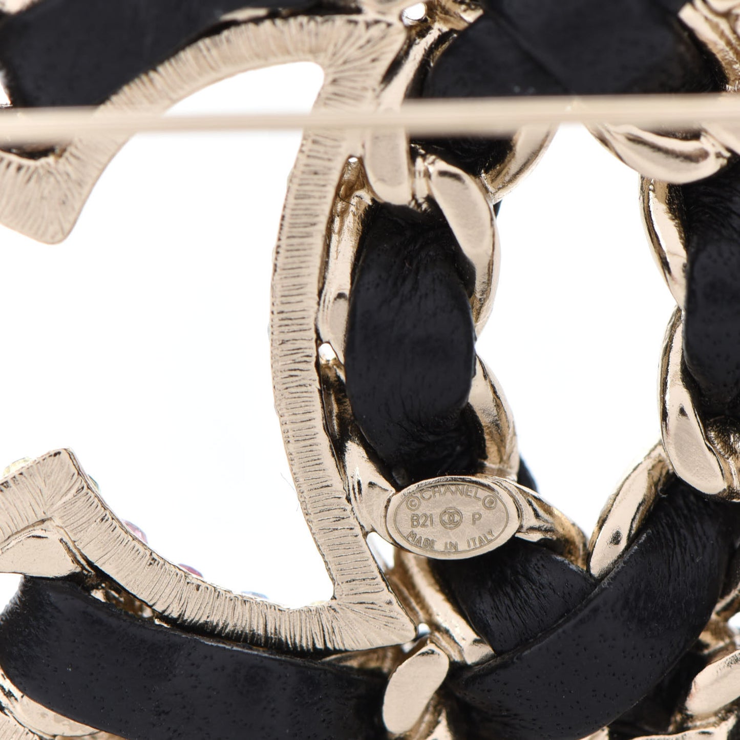 Lambskin Crystal CC Chain Brooch Black Gold Multicolor