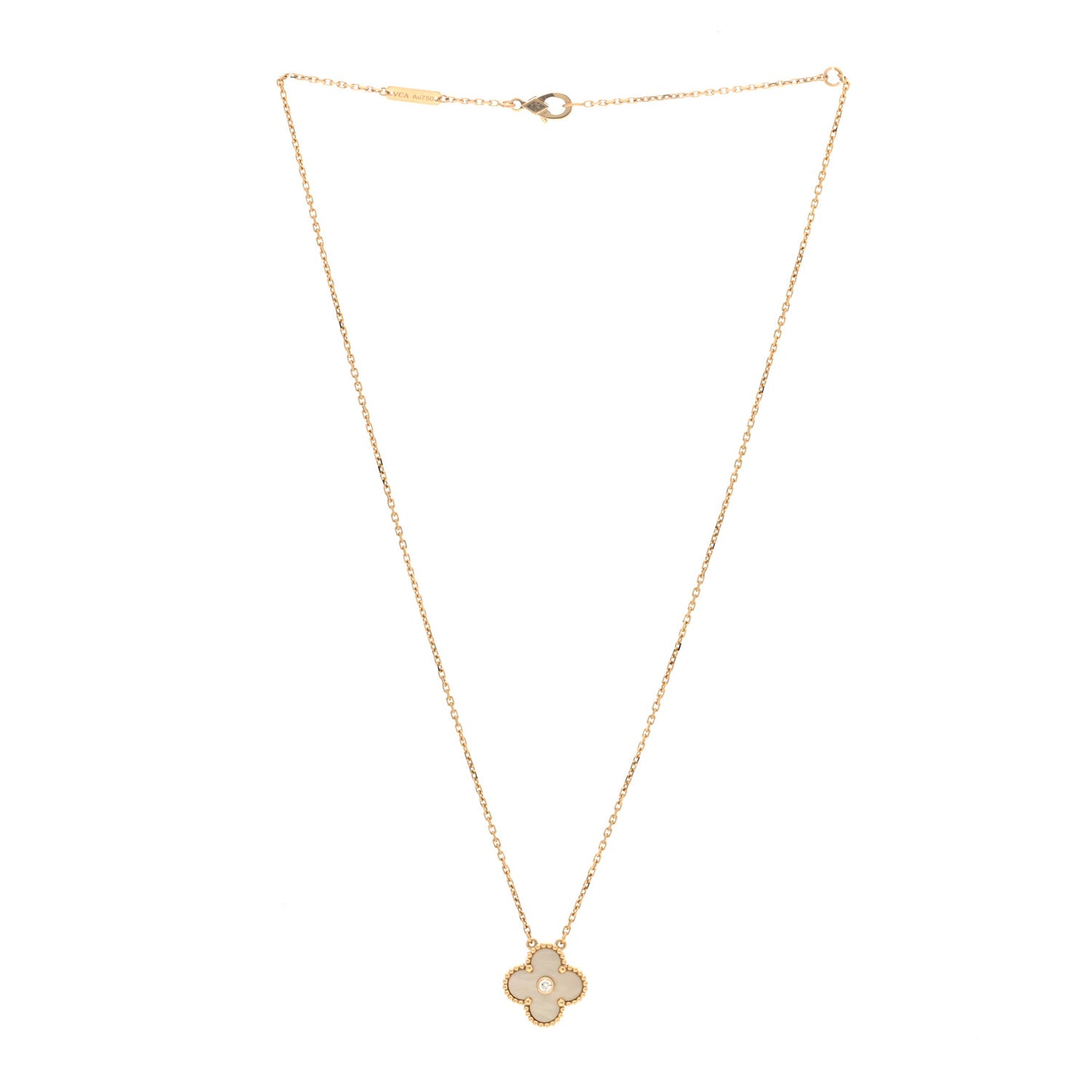 18K Yellow Gold Diamond Yellow Mother of Pearl Vintage Alhambra Pendant Necklace