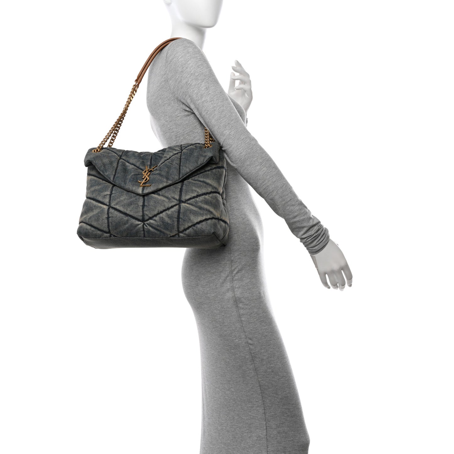 Denim Quilted Medium Loulou Puffer Monogram Chain Satchel Blue Cinnamon