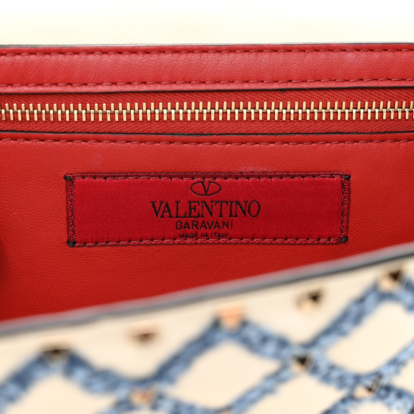 Nappa Denim Quilted Rockstud Spike Wallet on Chain Ivory Blue