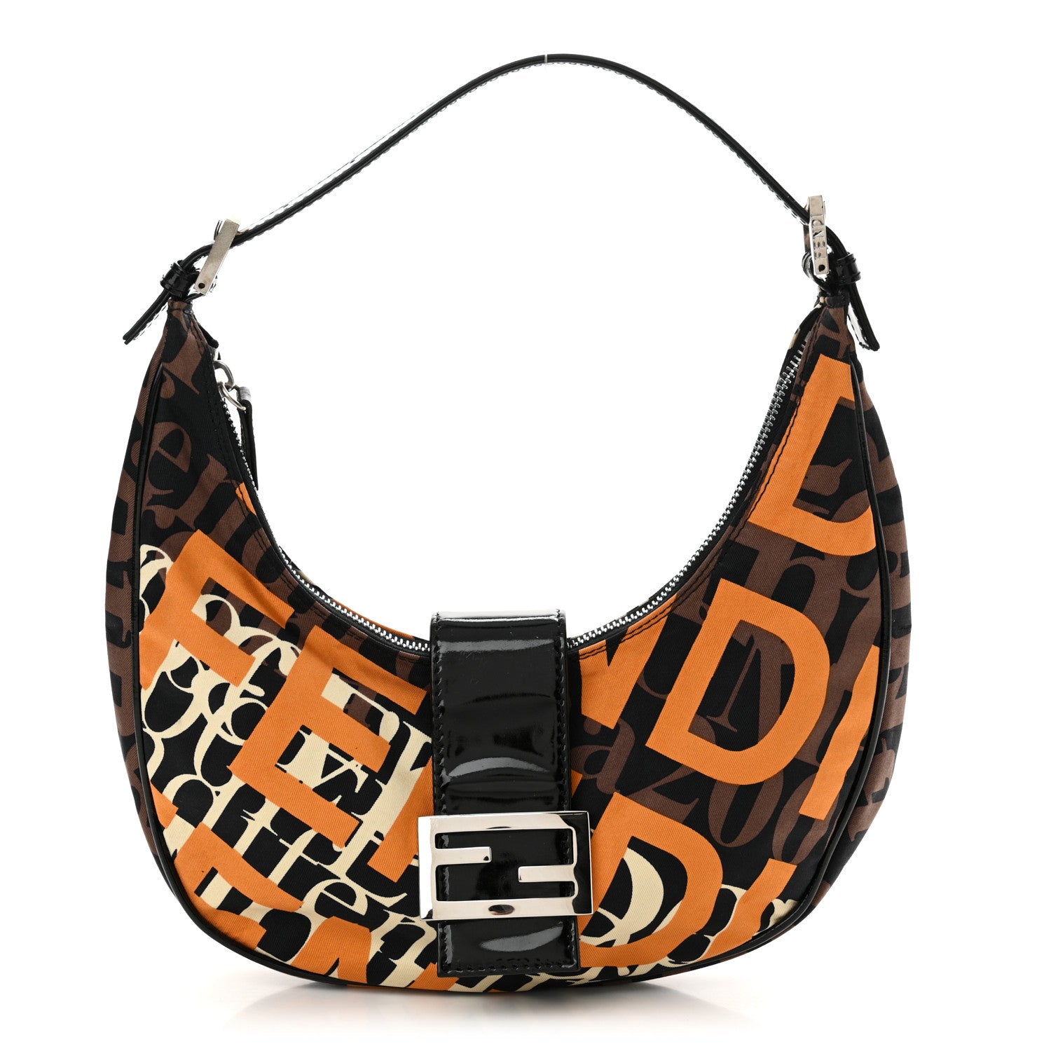 Fendi Nylon Patent Half Moon Baguette Black Brown Orange 1 of 9