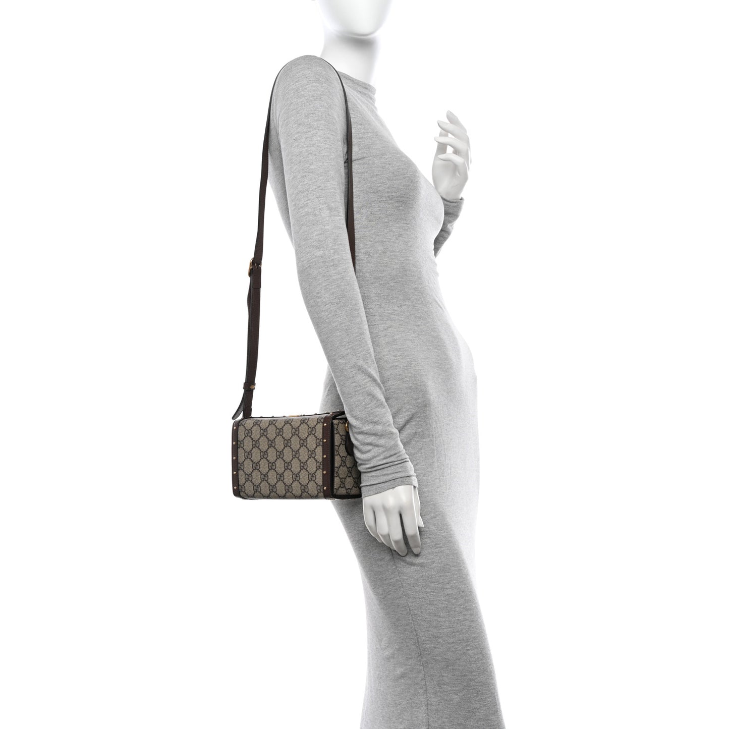 GG Supreme Monogram Textured Dollar Calfskin Mini Trunk Shoulder Bag Beige Ebony New Acero