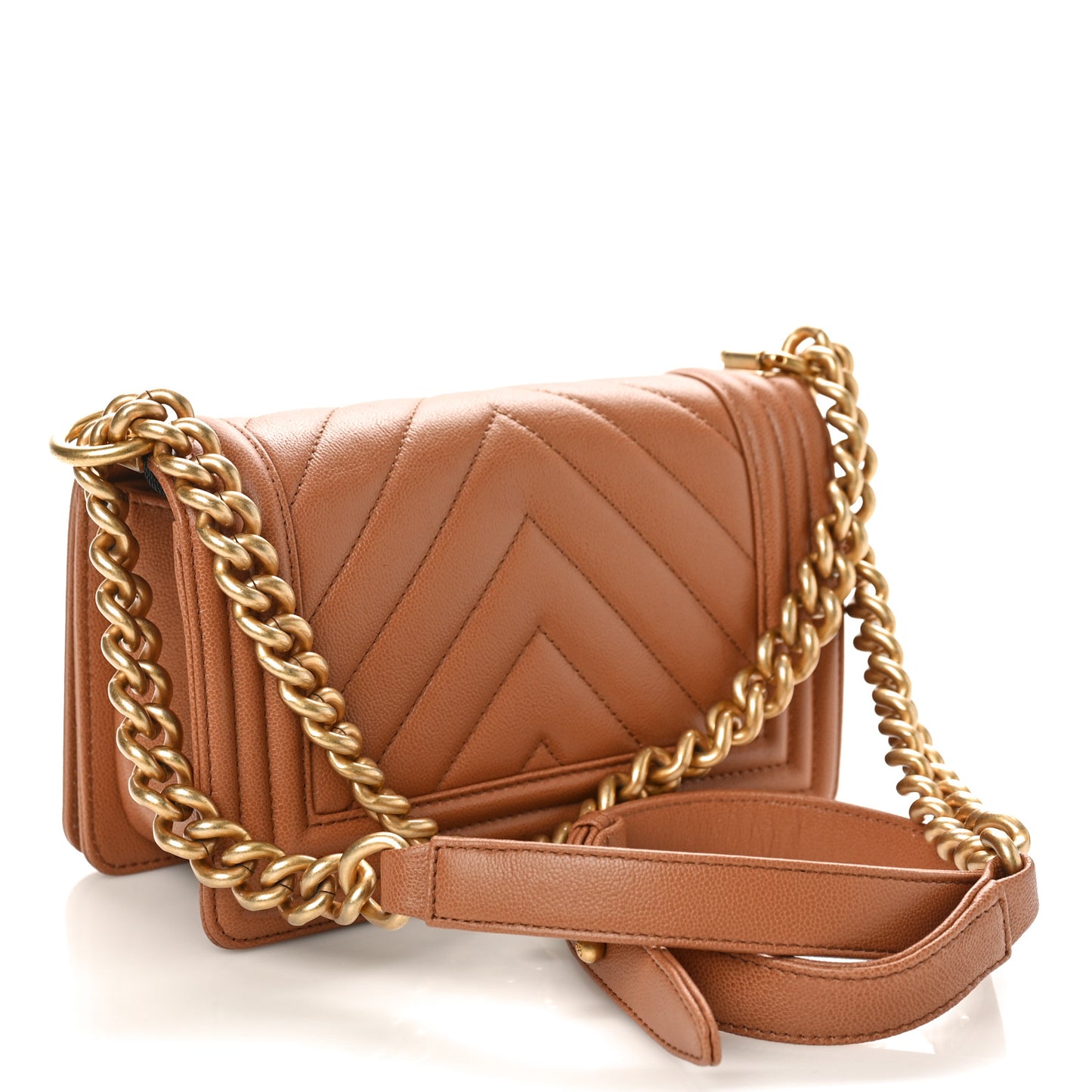 Caviar Chevron Quilted Small Boy Flap Brown