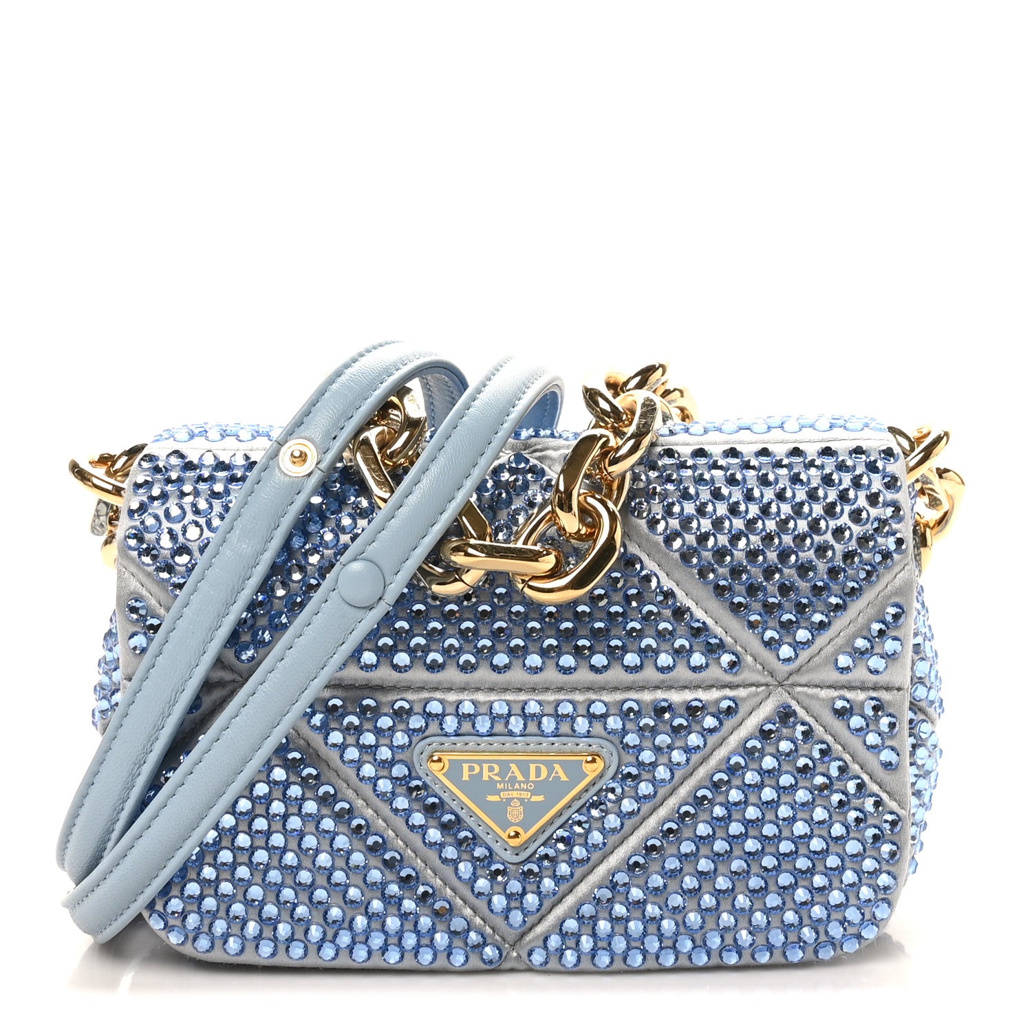 Prada Satin Crystal Mini Bag With Chain Celeste 1820212 – FASHIONPHILE