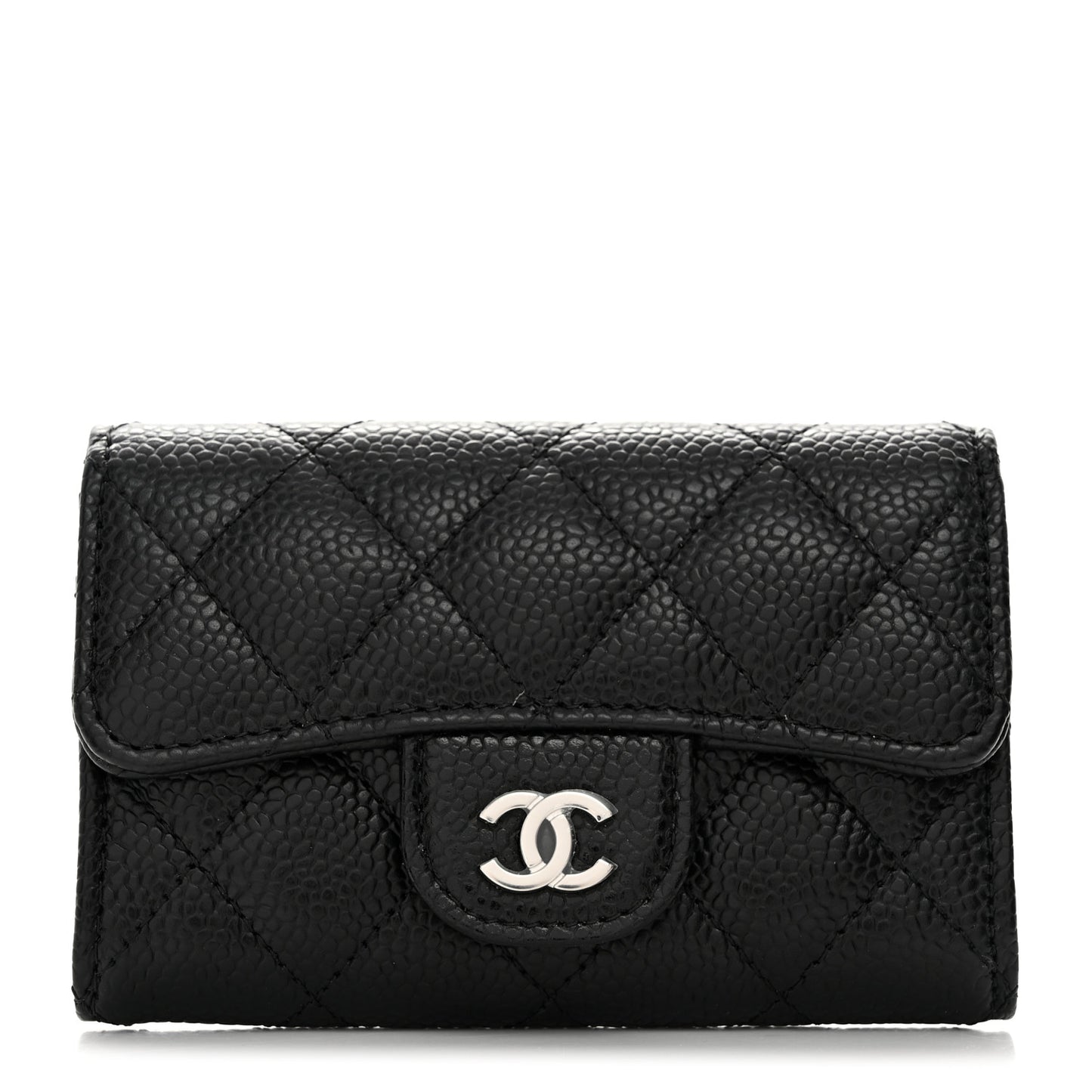Caviar Quilted Flap Card Holder Wallet Black