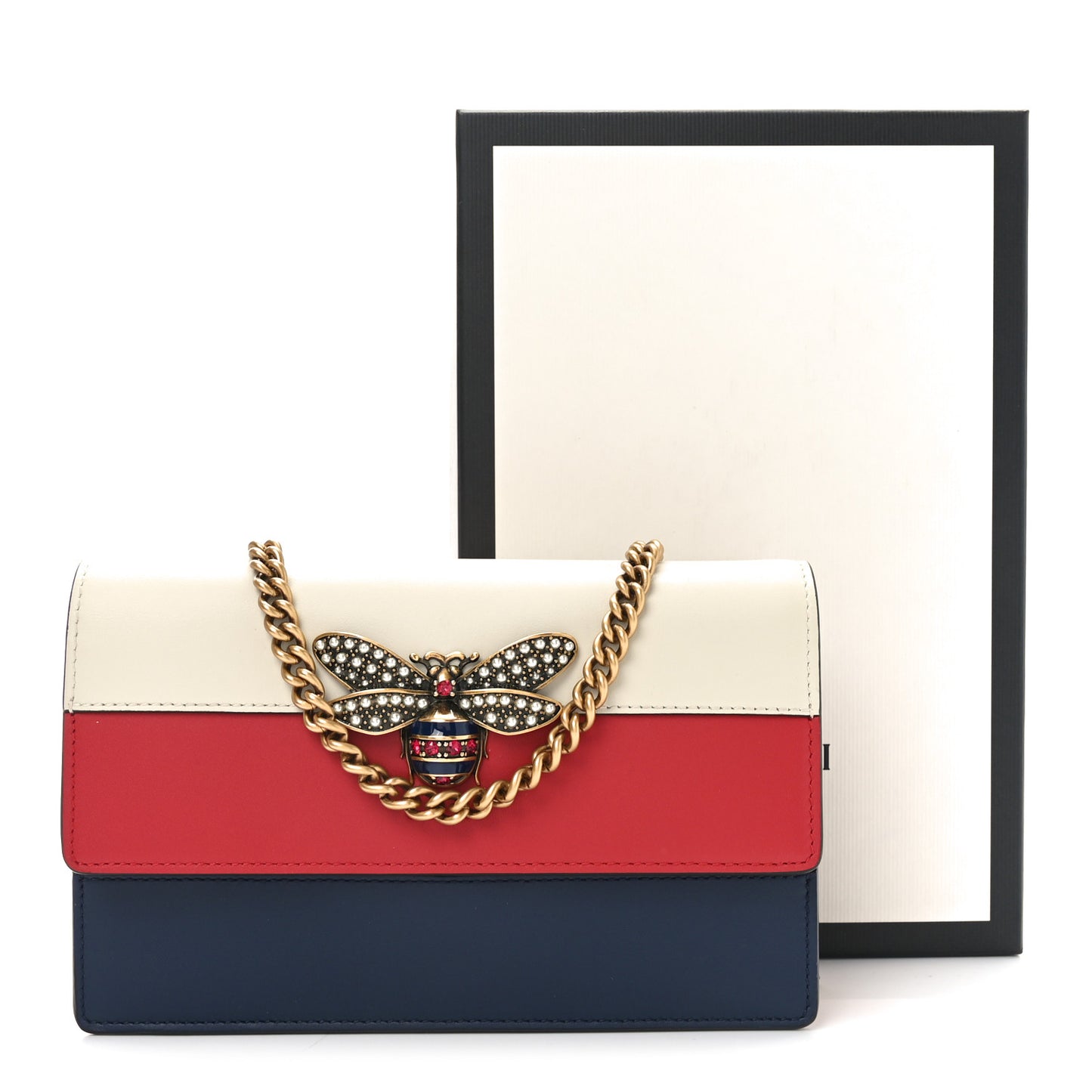 Calfskin Queen Margaret Chain Wallet Blue Agata Hibiscus Red Mystic White