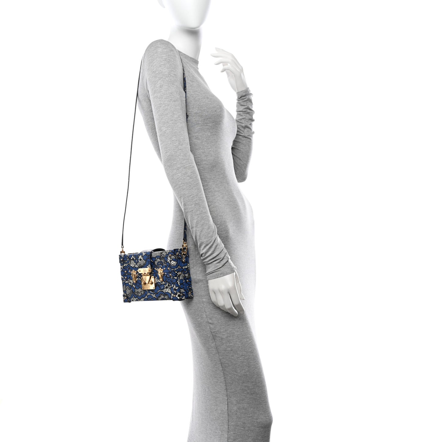 Calfskin Lace Flower Inlay Petite Malle Navy Black
