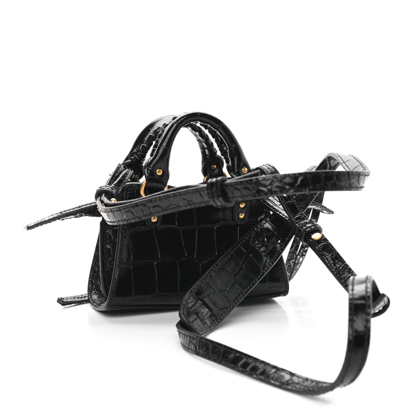 Shiny Supple Calfskin Crocodile Embossed Neo Classic Gold Hardware Super Nano City Crossbody Black