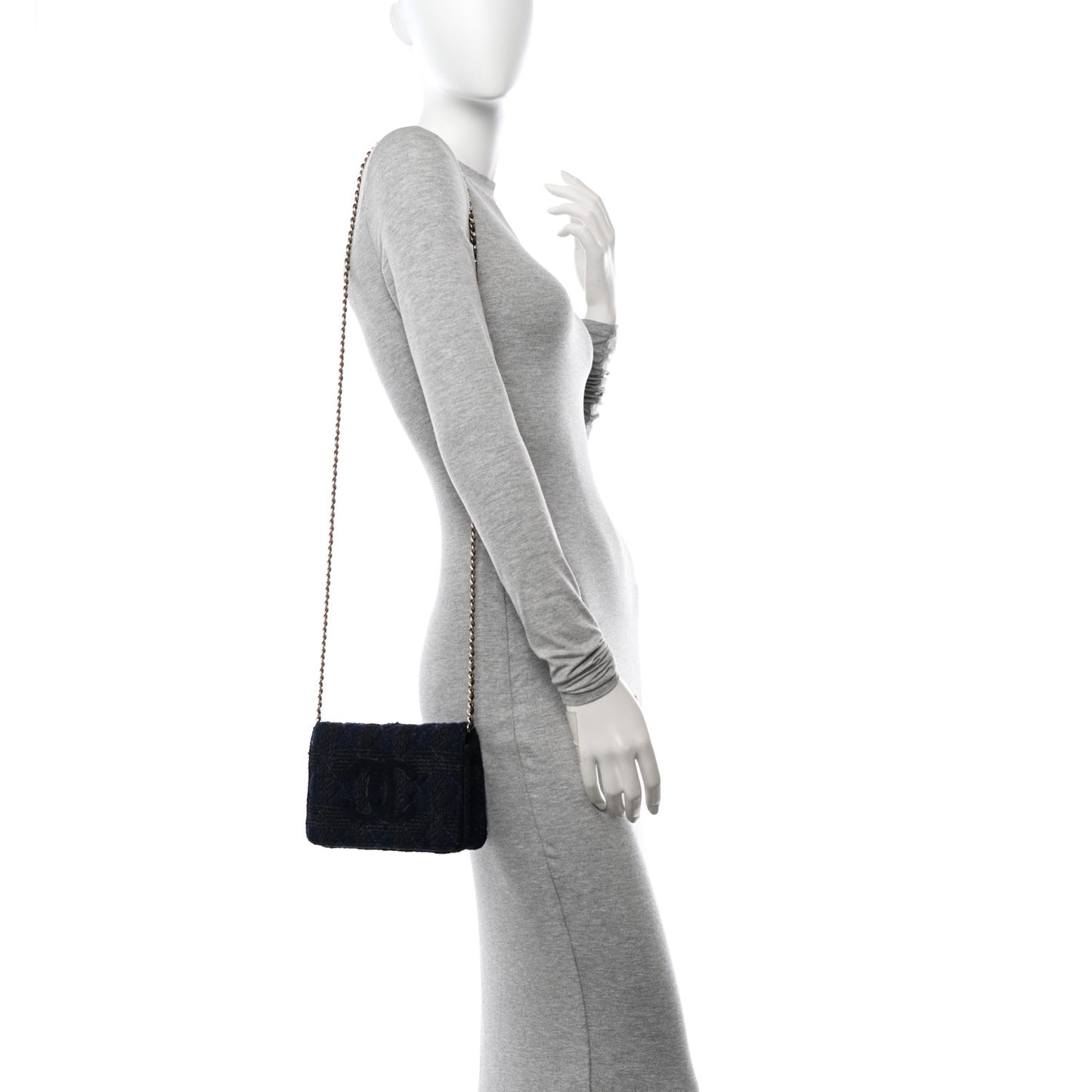 Tweed Shearling Quilted Chanel Wallet On Chain WOC Navy Black