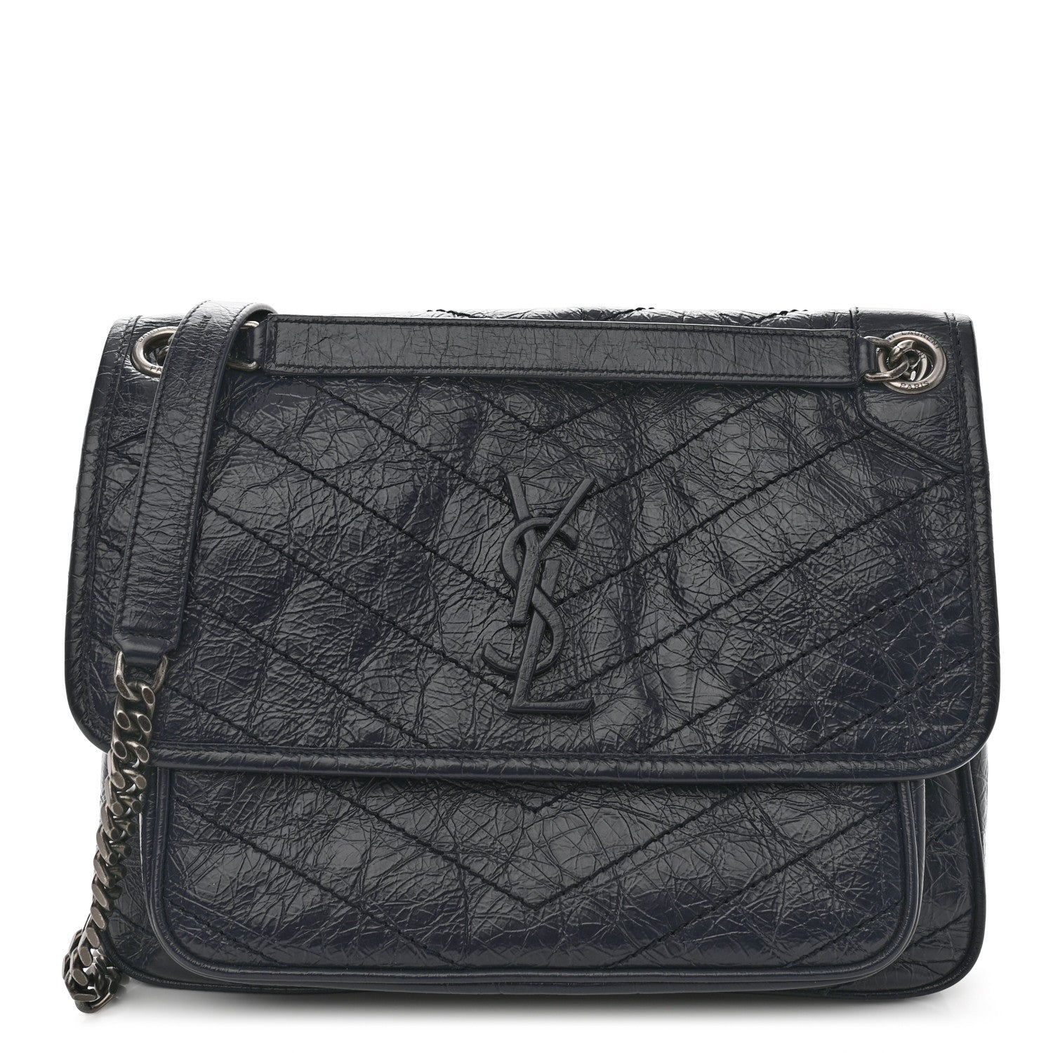 Saint Laurent Crinkled Calfskin Matelasse Monogram Medium Niki Chain Satchel Deep Marine 1 of 13