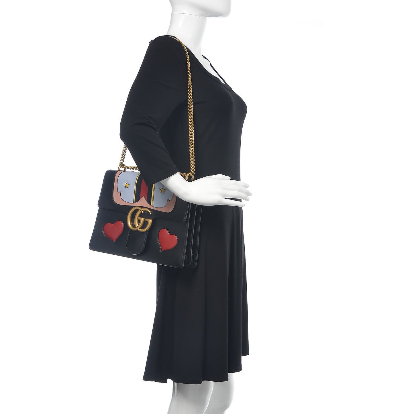 Calfskin Web Heart Medium GG Marmont Chain Handle Bag Black