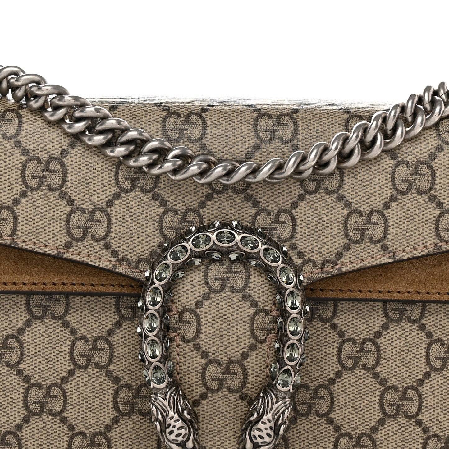 GG Supreme Monogram Suede Crystal Small Dionysus Shoulder Bag Beige Ebony Taupe