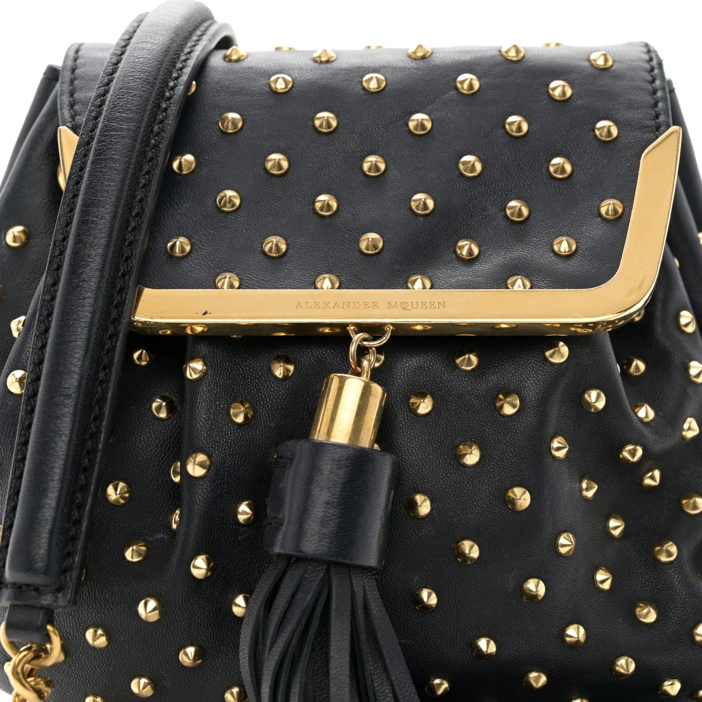 Nappa Studded Skull Box Chain Clutch Black Gold