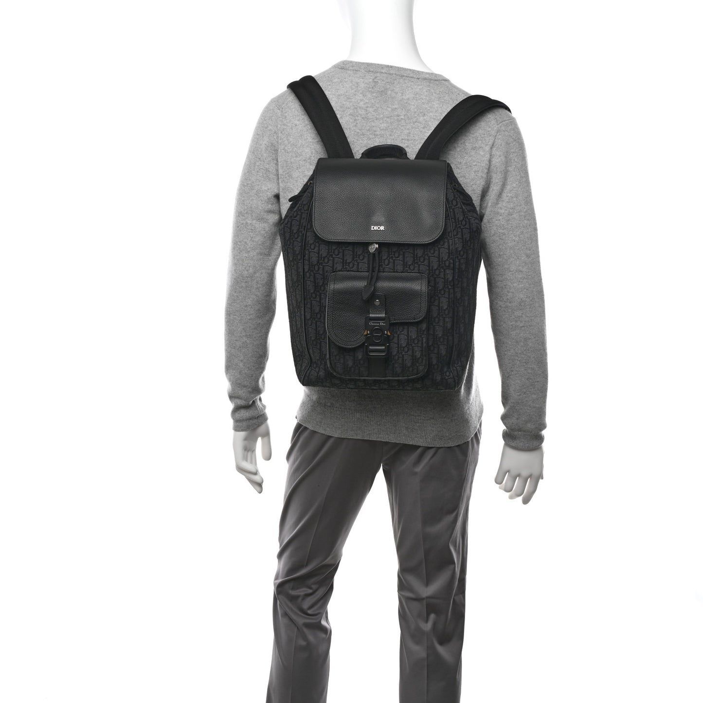 Oblique Jacquard Grained Calfskin Saddle Backpack With Flap Black
