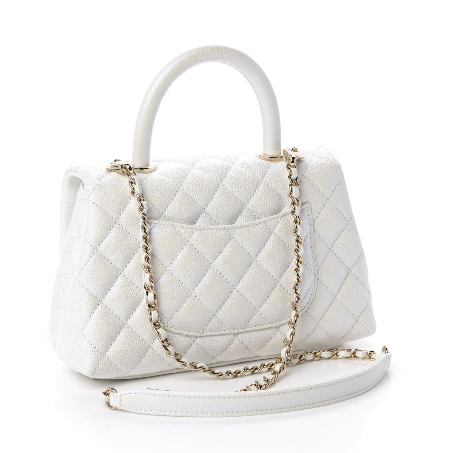 Iridescent Caviar Quilted Mini Coco Handle Flap White