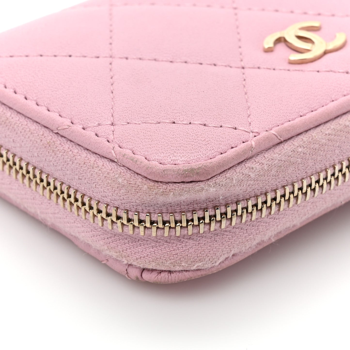 Iridescent Calfskin Quilted Zip Coin Purse Wallet Light Pink