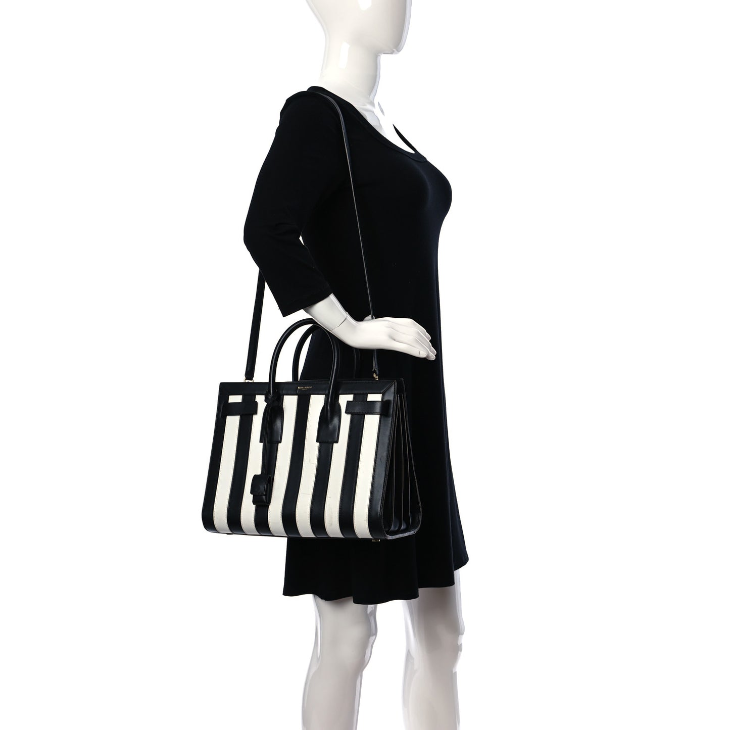 Calfskin Striped Small Sac De Jour Black White
