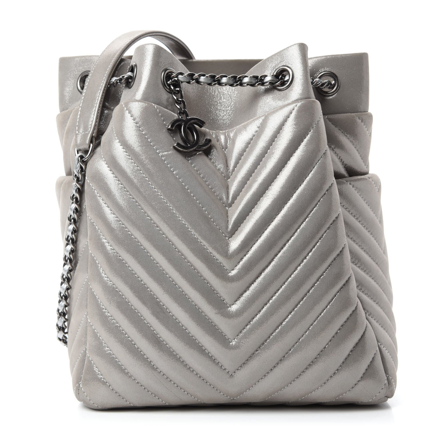 Chanel Iridescent Calfskin Chevron Small Urban Spirit Drawstring Bag Silver 1 of 18