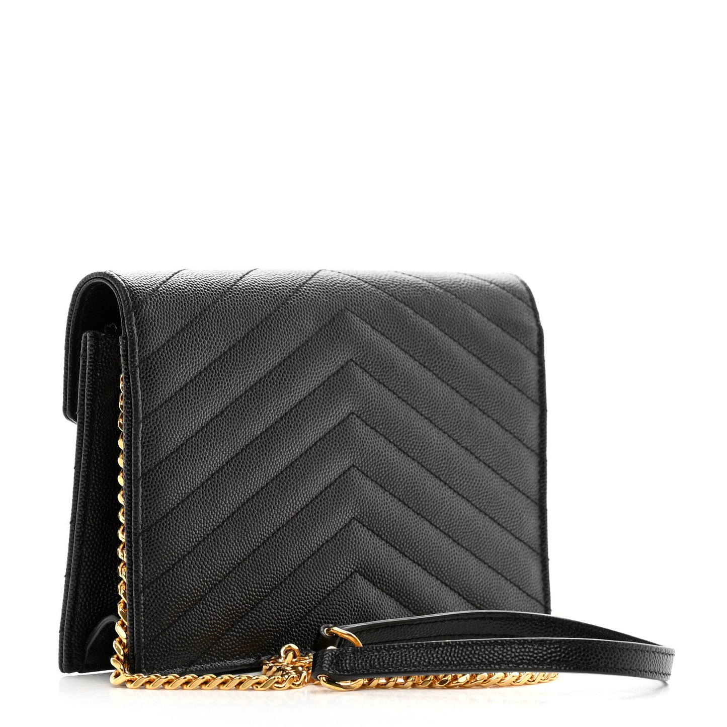 Grain De Poudre Matelasse Chevron Monogram Envelope Chain Wallet Black