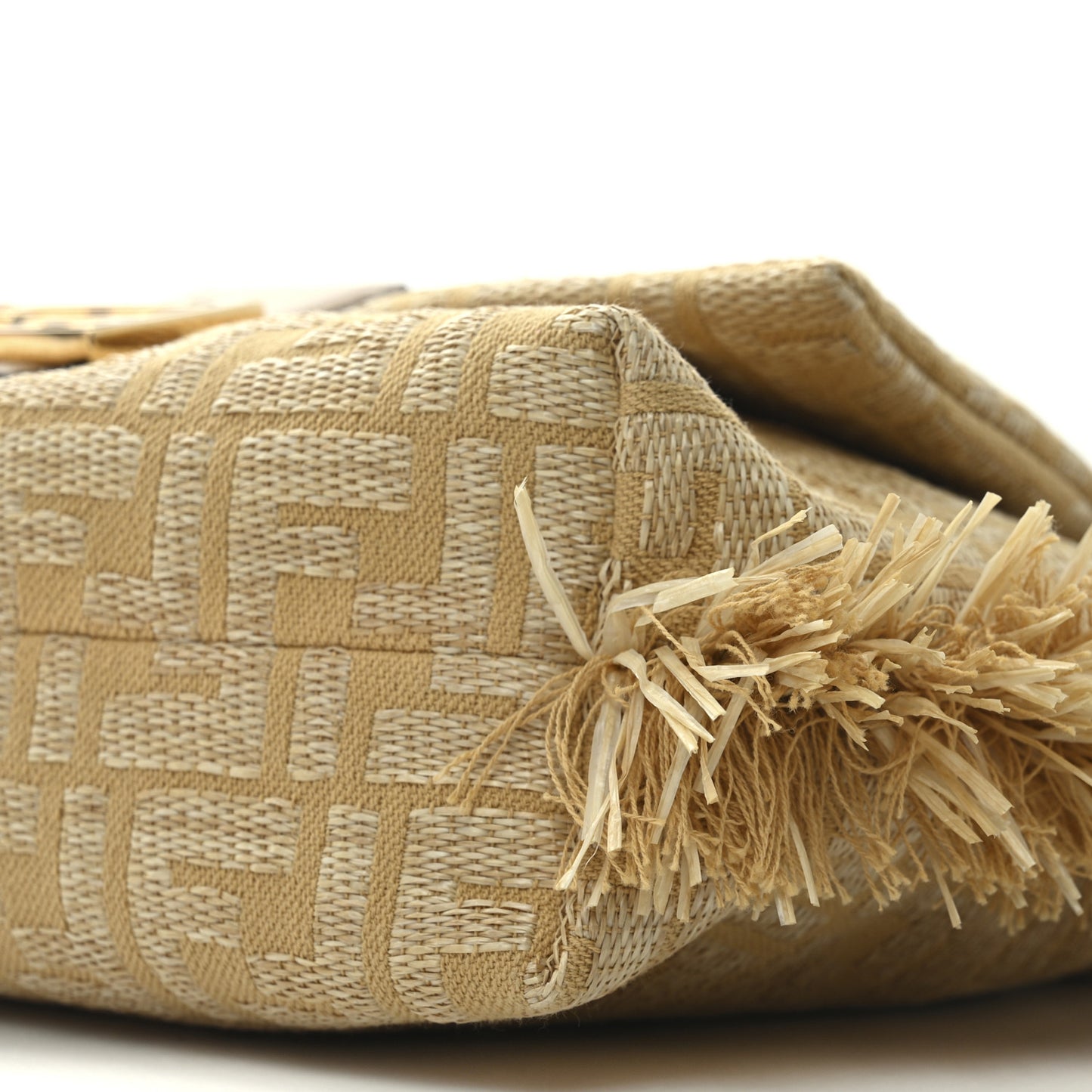 Fabric Jacquard Raffia Straw Fringe Medium Mamma Baguette Beige