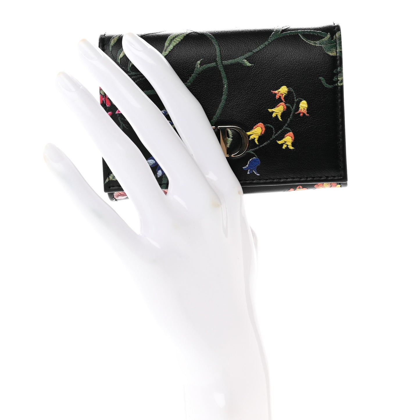 Calfskin Petites Fleurs Print Caro XS Wallet Black Multicolor