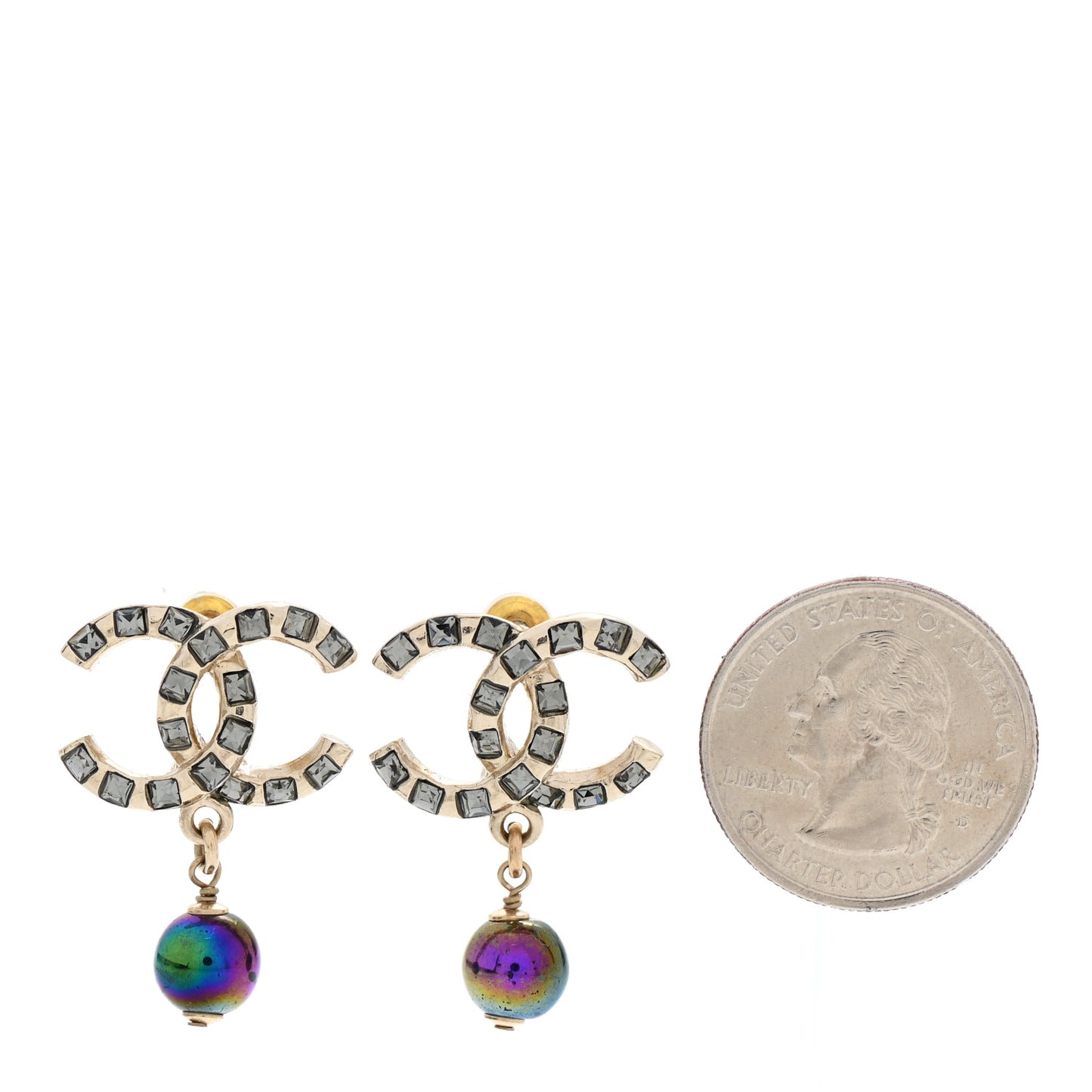 Metal Pearl Crystal CC Drop Earrings Gold Purple Gray