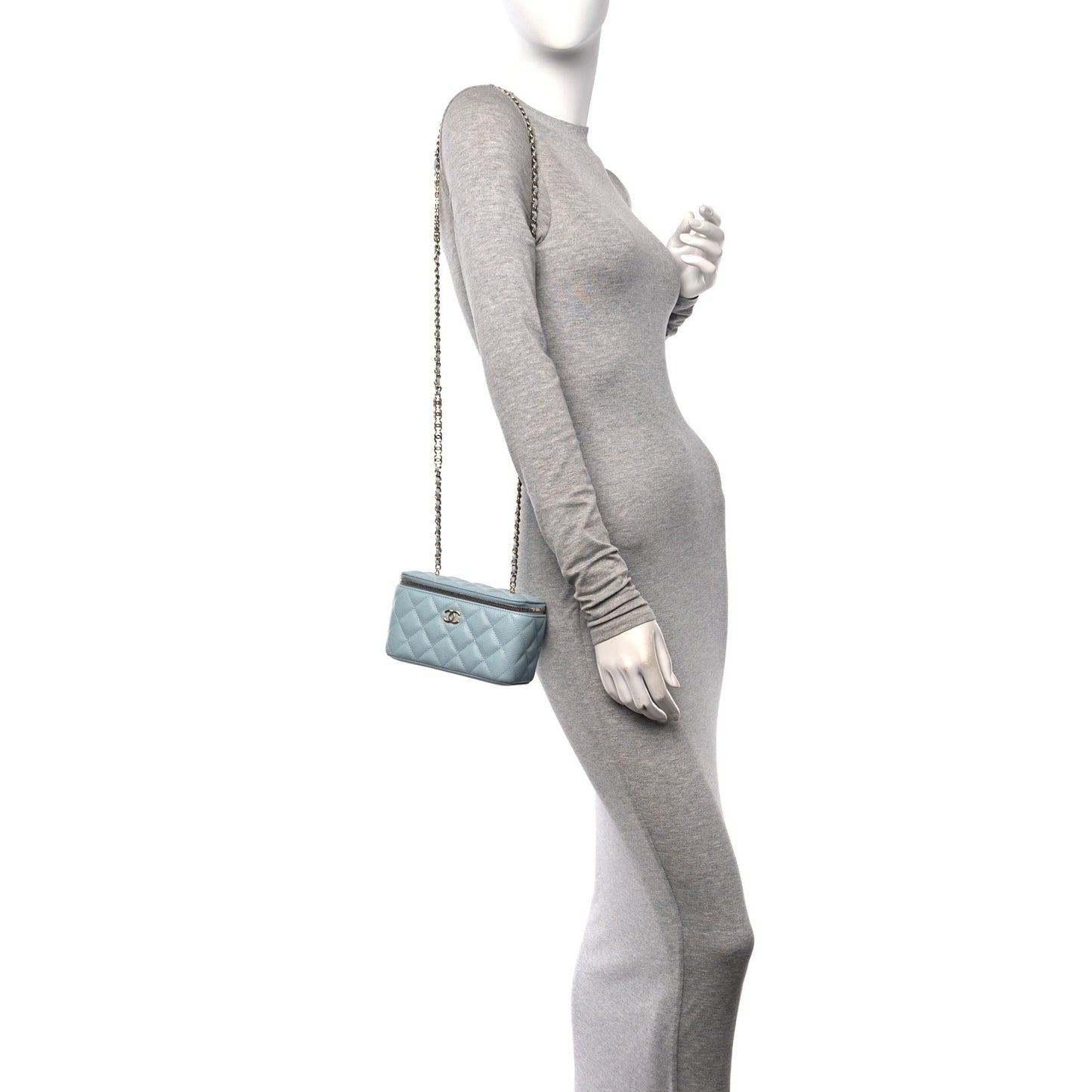 Caviar Quilted Small Tiny CC Vanity Case With Chain Light Blue