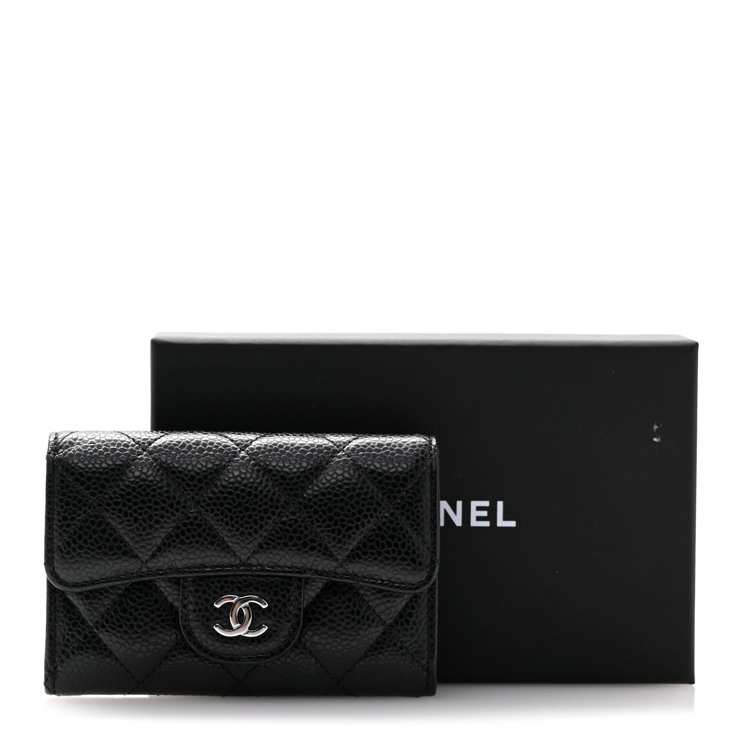 Caviar Quilted Flap Card Holder Wallet Black