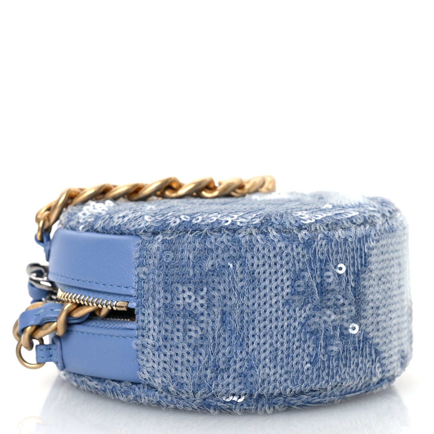 Sequin Chanel 19 Round Clutch With Chain Light Blue