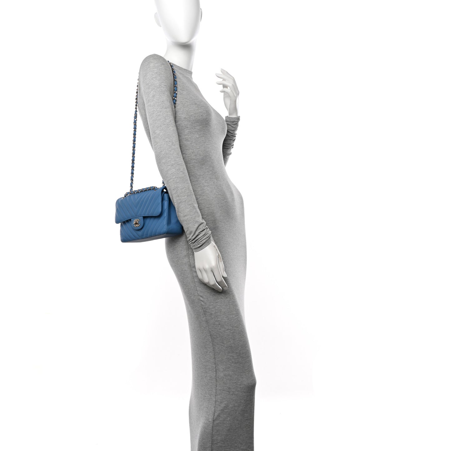 Caviar Flat Chevron Quilted Small Double Flap Blue