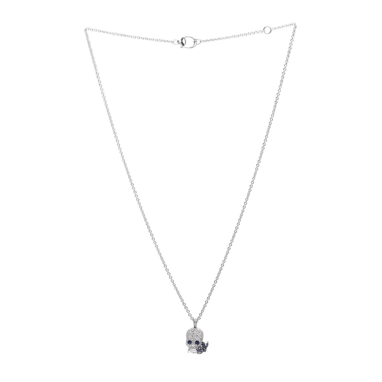 18K White Gold Diamond Blue Sapphire Skull Pendant Necklace