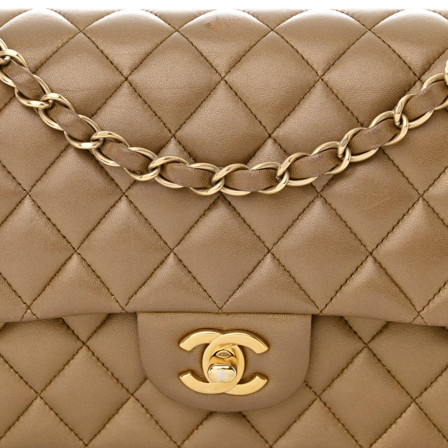 Metallic Lambskin Quilted Medium Double Flap Khaki