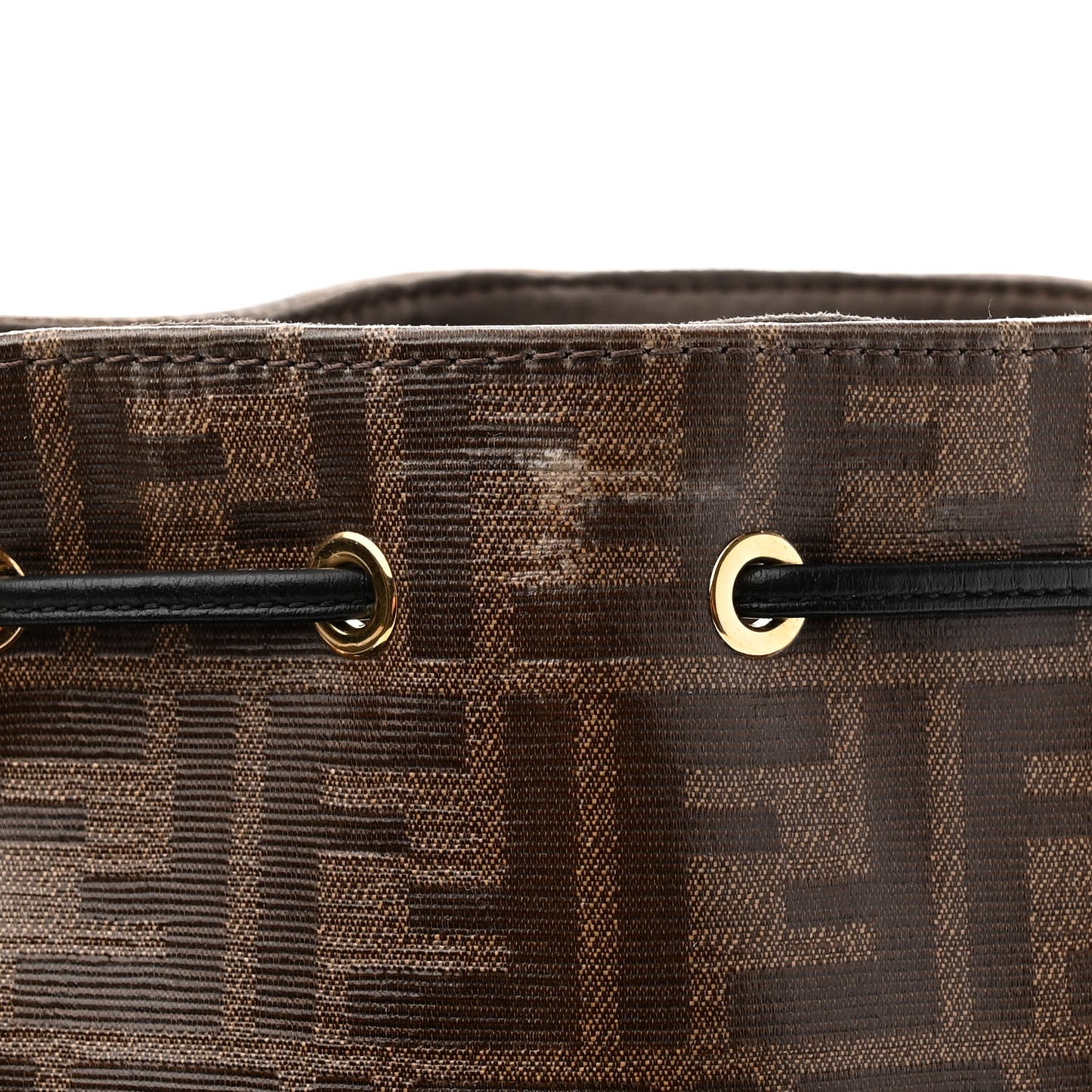 Glazed Fabric Vitello Grace F is Fendi FF 1974 Stamp Patch Grande Mon Tresor Bucket Bag Mogano Panna Black