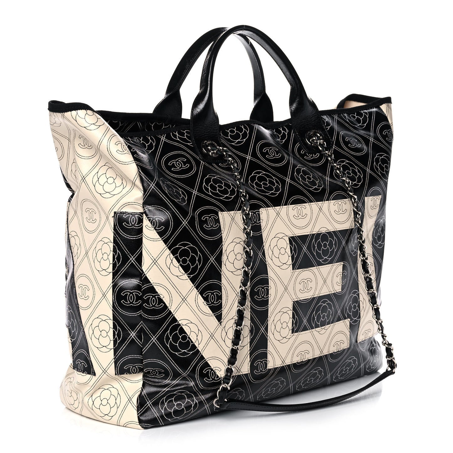 Coated Canvas Camellia Large Shopping Tote Black Beige