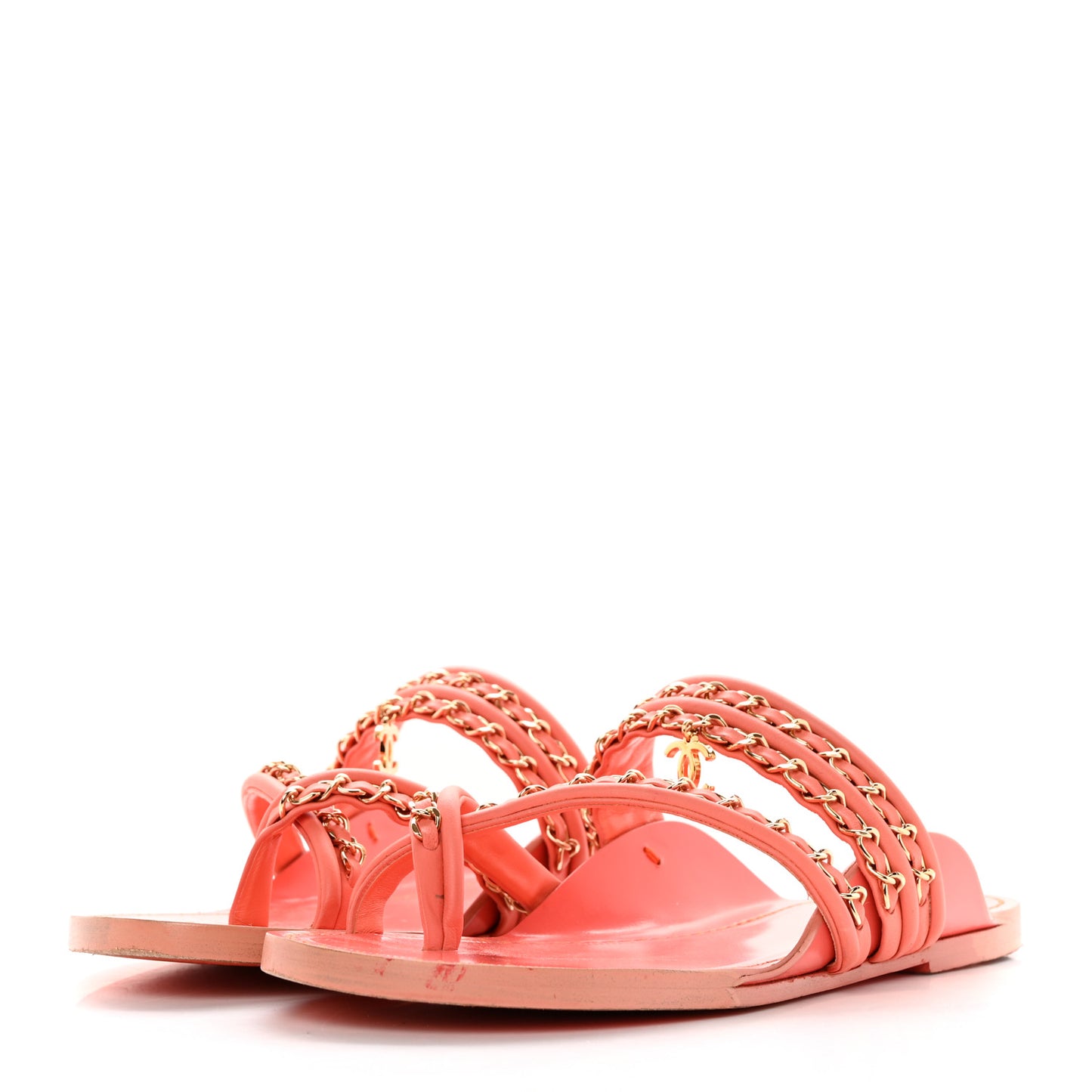 Calfskin Chain CC Thong Flat Sandals 38 Coral