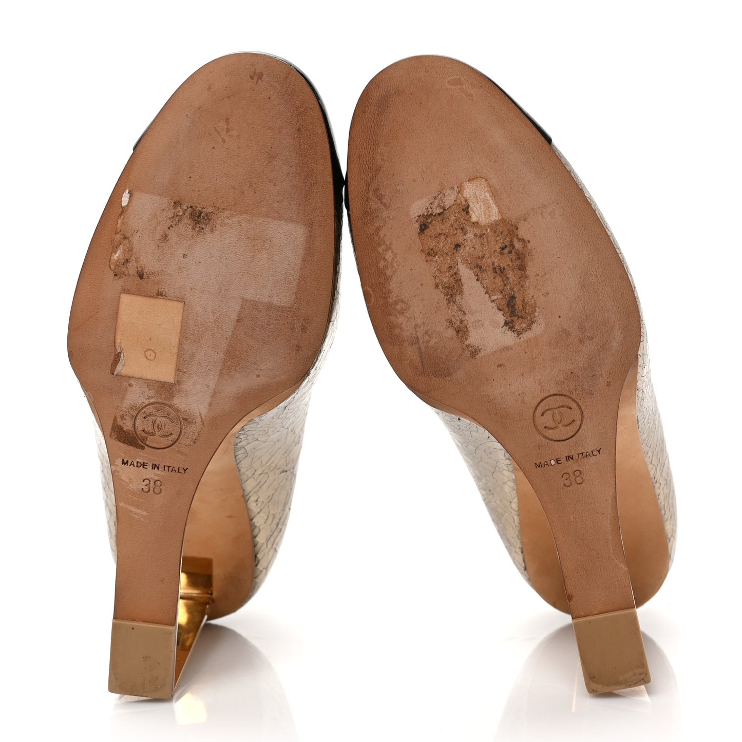 Metallic Crackled Goatskin Patent Cap Toe Pearl Pumps 38 Gold Black