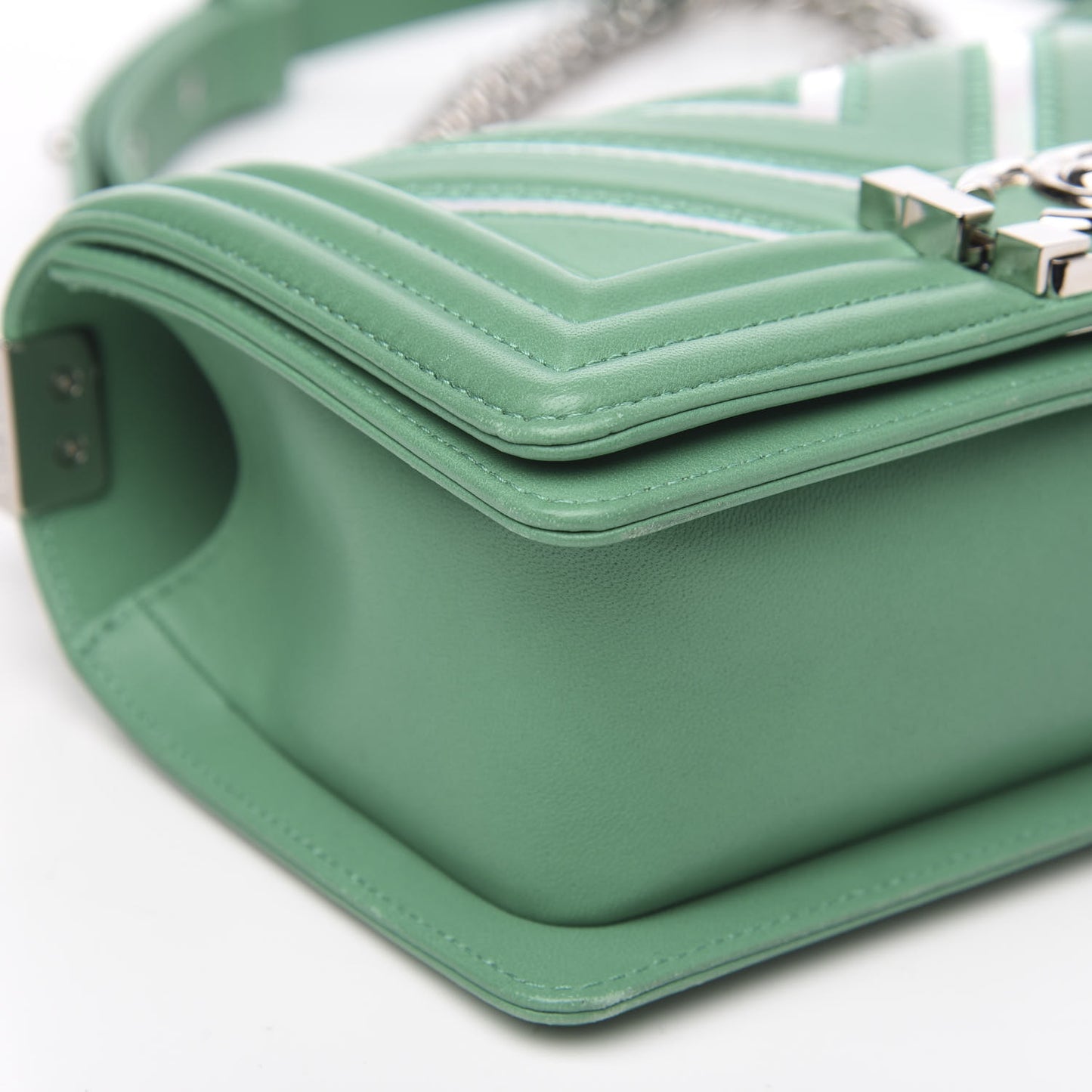 Lambskin Iridescent PVC Chevron Quilted Small Boy Flap Green Silver