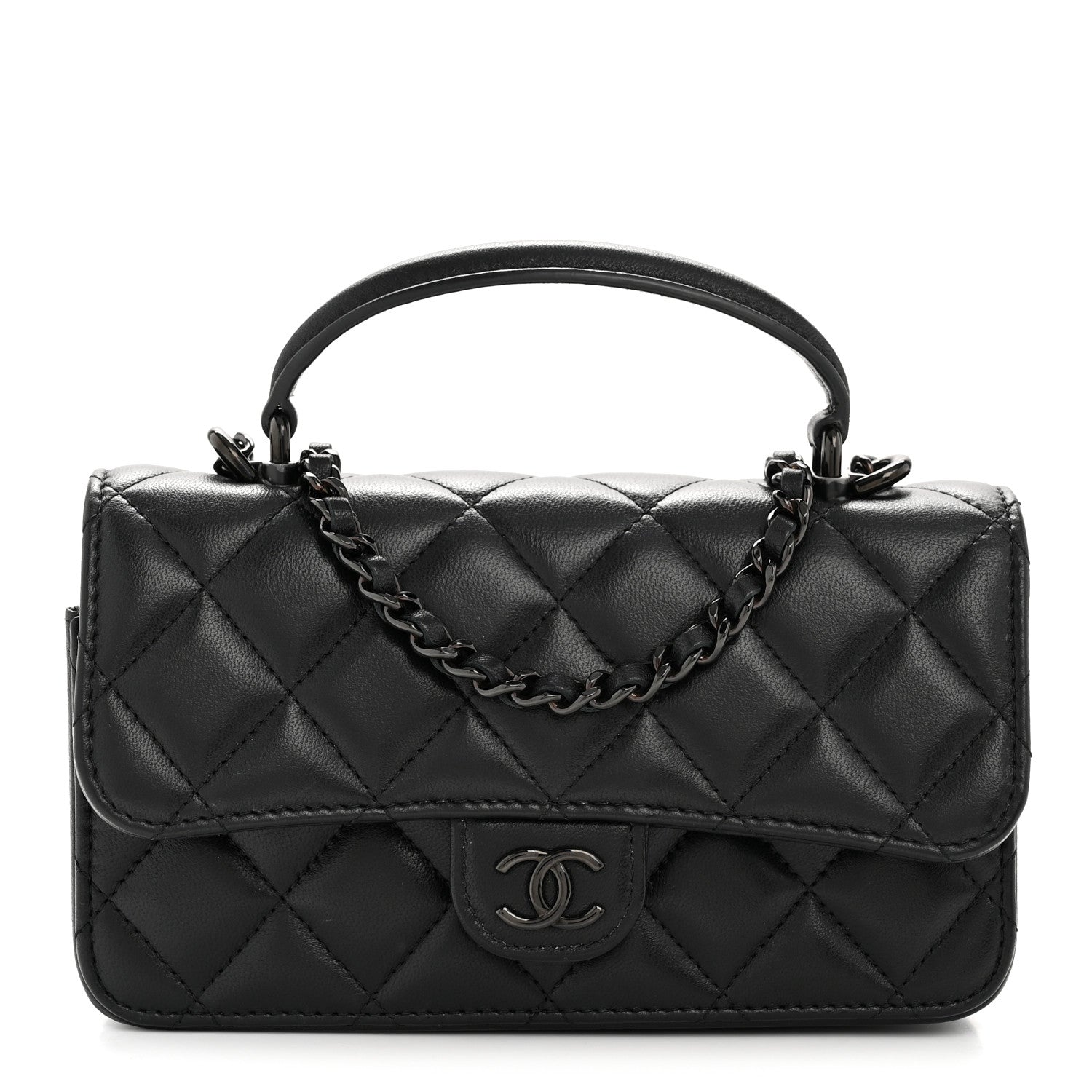 Chanel Lambskin Quilted Flap Phone Holder With Chain So Black
