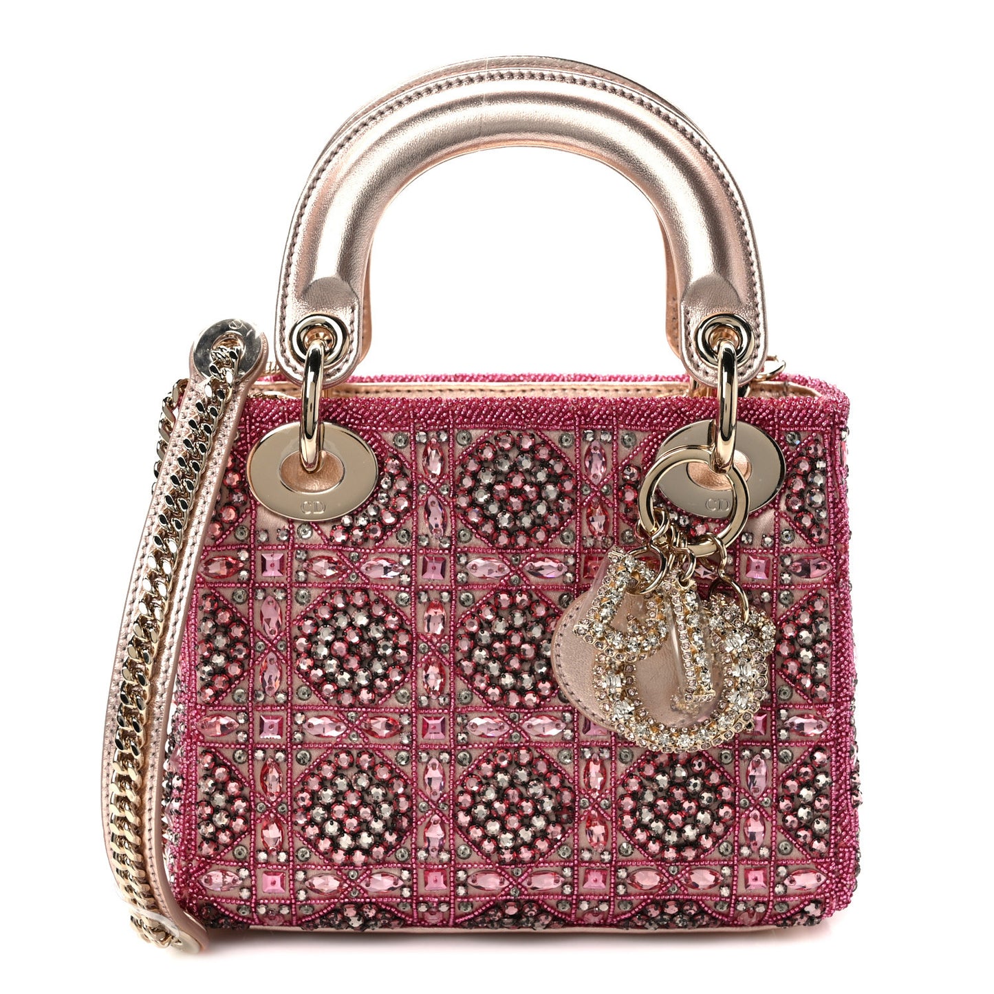 Metallic Calfskin Satin Celestial Bead Embroidery Cannage Mini Lady Dior Rose Des Vents